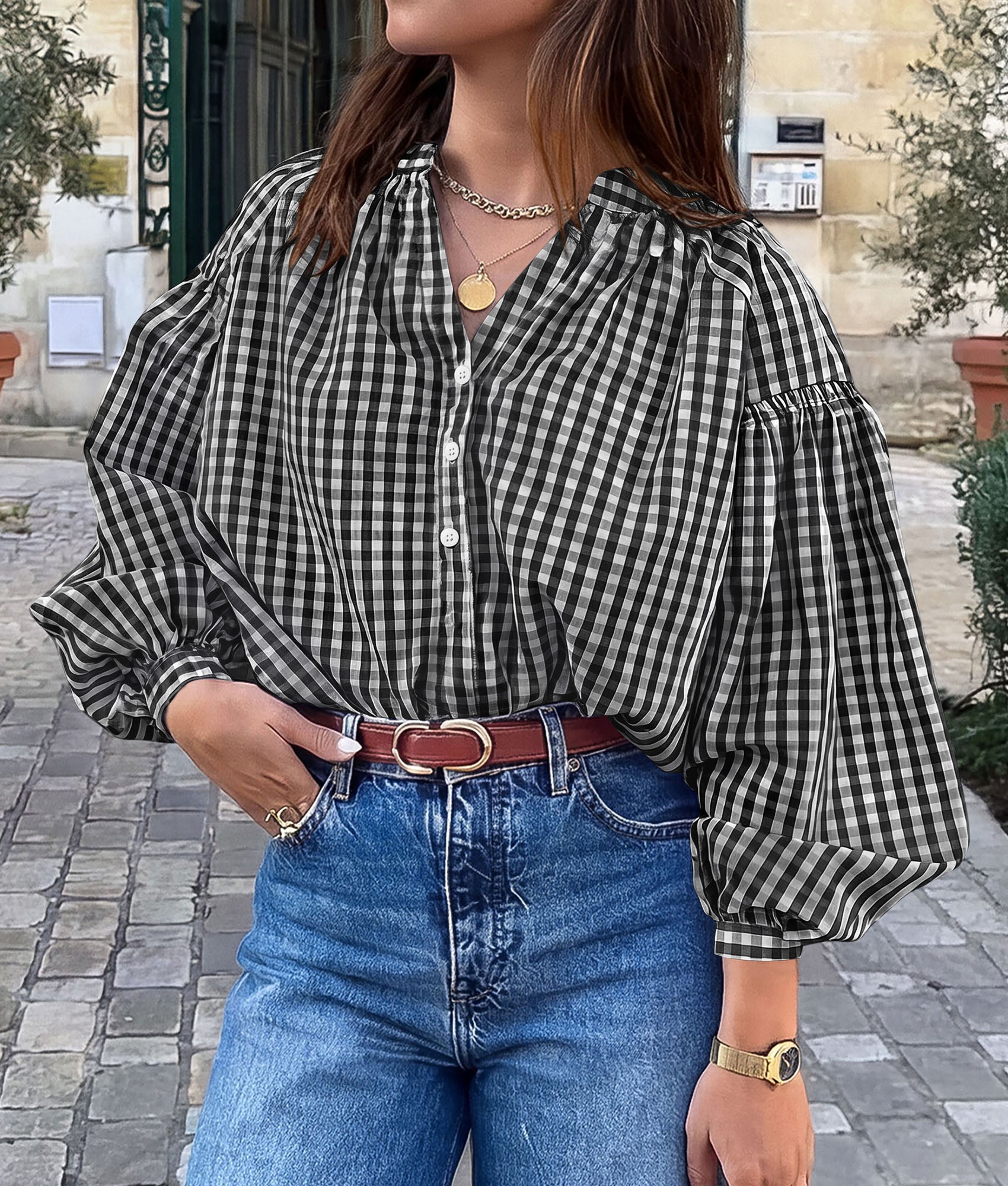PRETTYGARDEN Women Fall Plaid Long Puff Sleeve Shirts V Neck Casual Blouses  Gingham Button Down Oversized, Pleated Drop Shoulder Cotton Tops, Dressy Casual, Work Vacation Travel, Fall Outfits Trendy