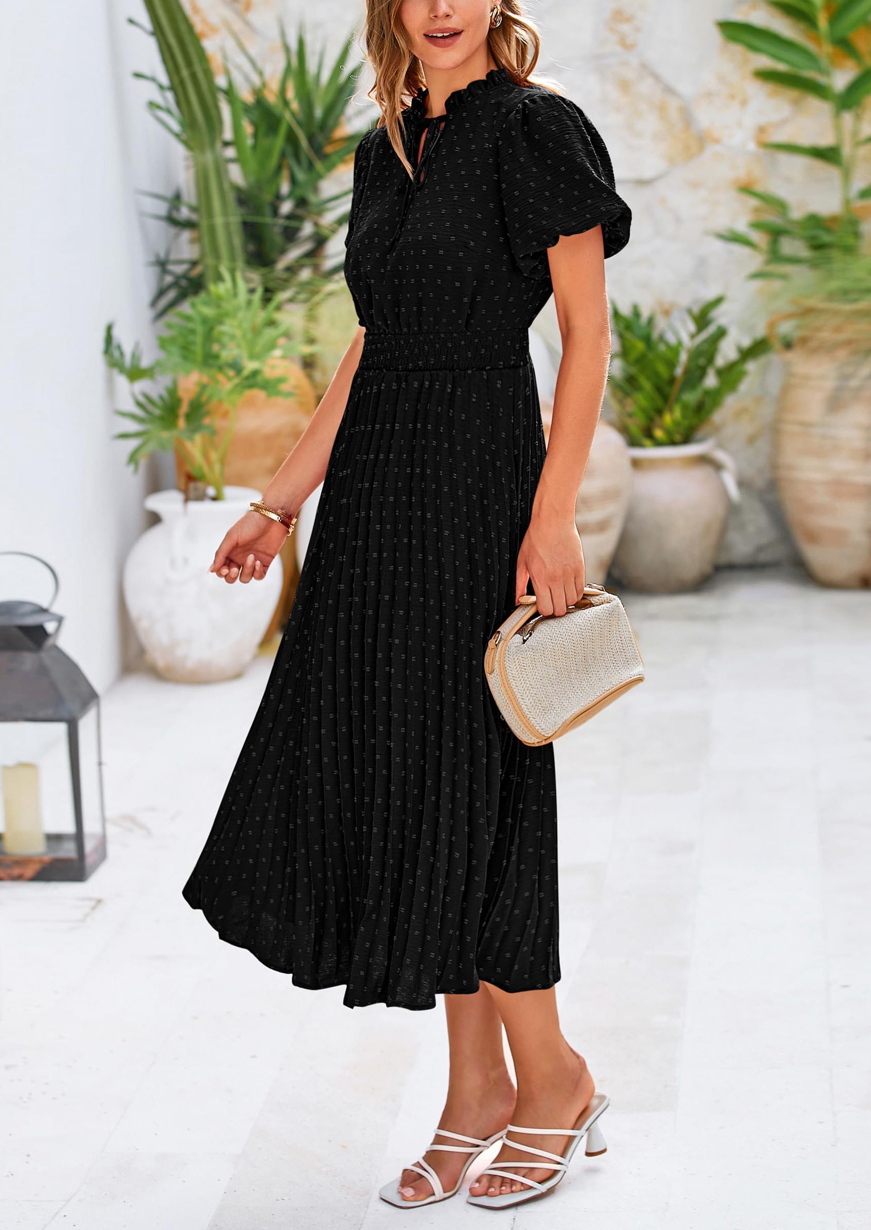 PRETTYGARDEN Womens Midi Dresses Puff Short Sleeve V Neck Swiss Dot Pleated A Line Flowy Long Wedding Guest Dress