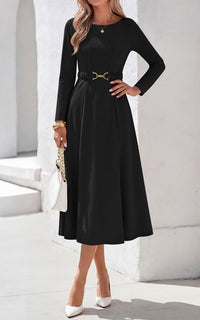 PRETTYGARDEN Women's Fall Long Sleeve Semi Formal Midi Dresses with Pockets Boat Neck, Metal Buckle Tie Waist, Flowy A Line, Elegant Classy Wedding Guest Cocktail Party Dress, Business Casual Outfits