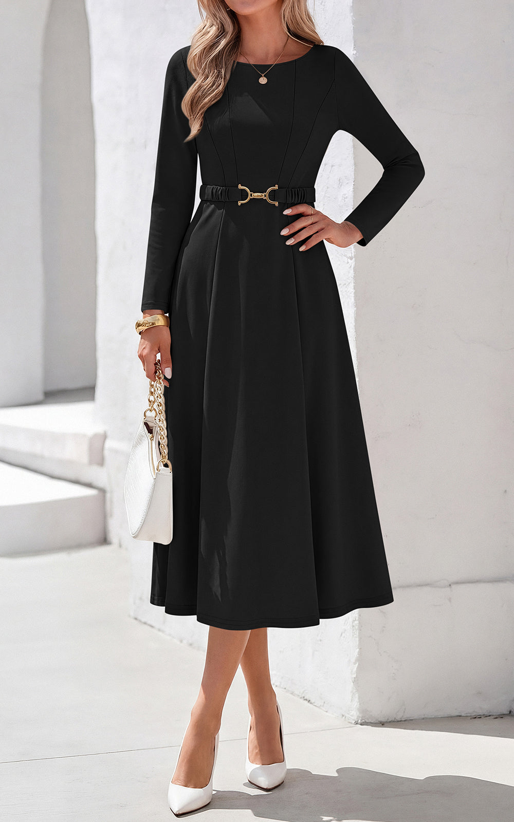 PRETTYGARDEN Women's Fall Long Sleeve Semi Formal Midi Dresses with Pockets Boat Neck, Metal Buckle Tie Waist, Flowy A Line, Elegant Classy Wedding Guest Cocktail Party Dress, Business Casual Outfits