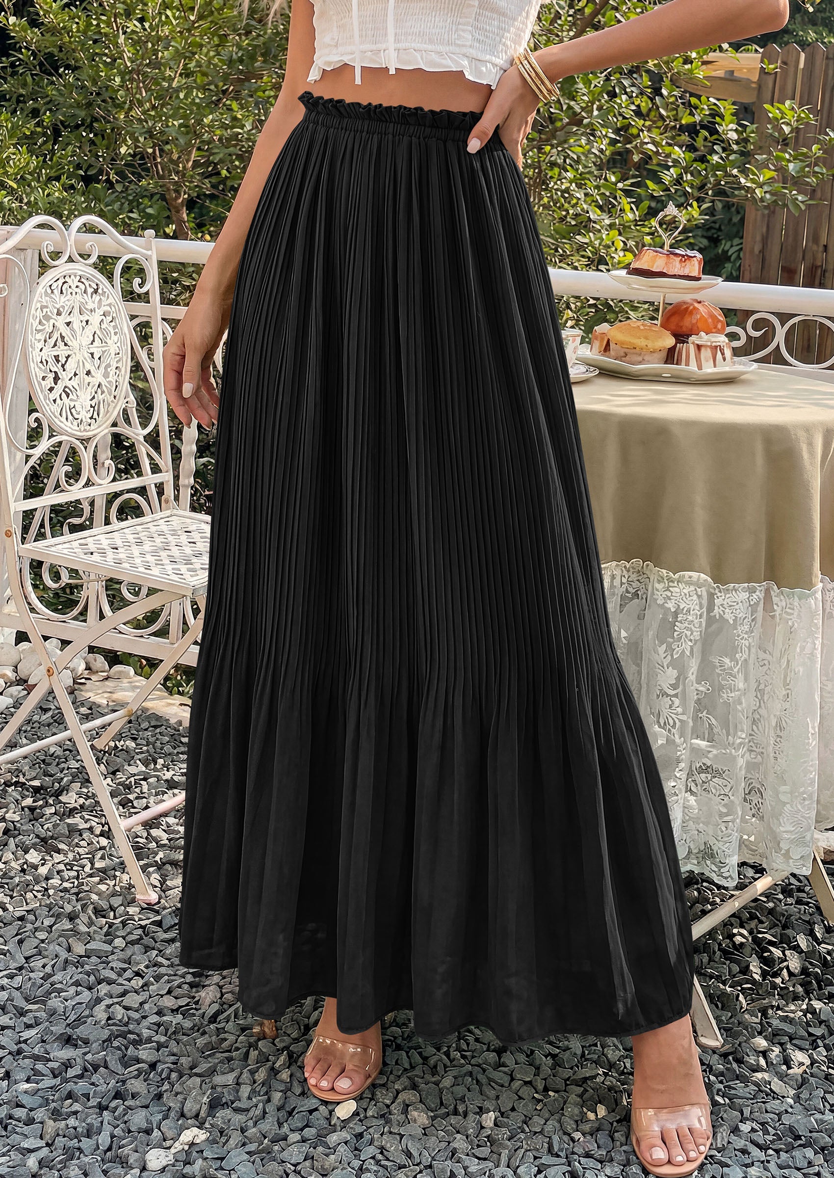 PRETTYGARDEN Pleated Long Skirts for Women Summer Vacation Outfits 2026 Spring Elastic Waisted Flowy Chiffon A-Line Midi Skirt PRETTYGARDEN