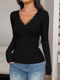 PRETTYGARDEN Women's Lace Trim Ribbed Knit Henley Long Sleeve Shirts Lightweight Button Up V Neck Pullover Tops, Dressy Casual Slim Fit Ladies Blouses, 2026 Early Fall Fashion Y2k Outfits