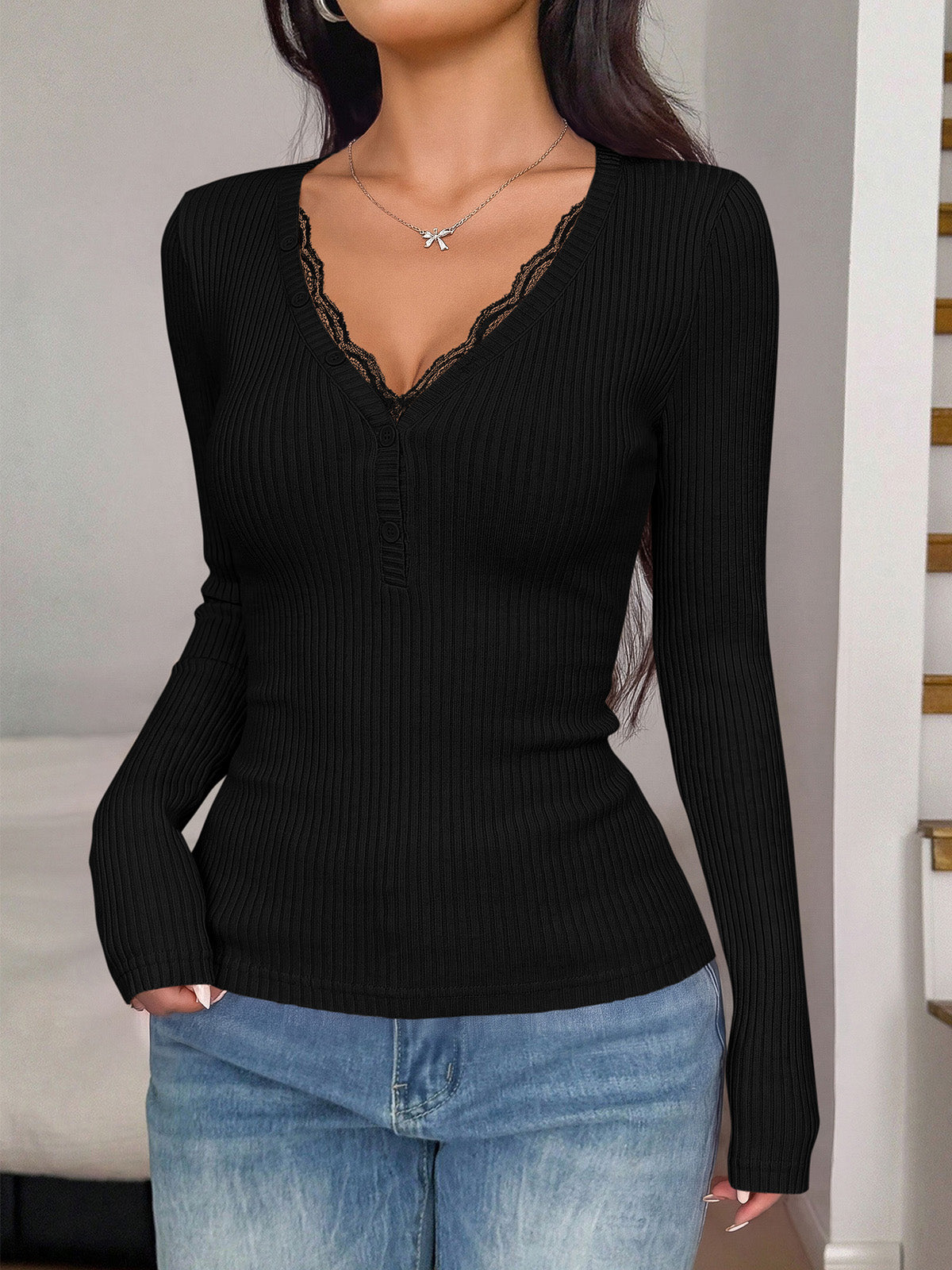 PRETTYGARDEN Women's Lace Trim Ribbed Knit Henley Long Sleeve Shirts Lightweight Button Up V Neck Pullover Tops, Dressy Casual Slim Fit Ladies Blouses, 2026 Early Fall Fashion Y2k Outfits