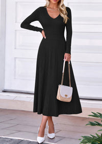 PRETTYGARDEN Women's Fall V Neck Pleated Midi Sweater Dress  Stretchy Ribbed Knit,Long Sleeve,A Line Flowy Skirt,Elegant Long Dresses for Wedding Guest,Work Office,Winter Party Outfits