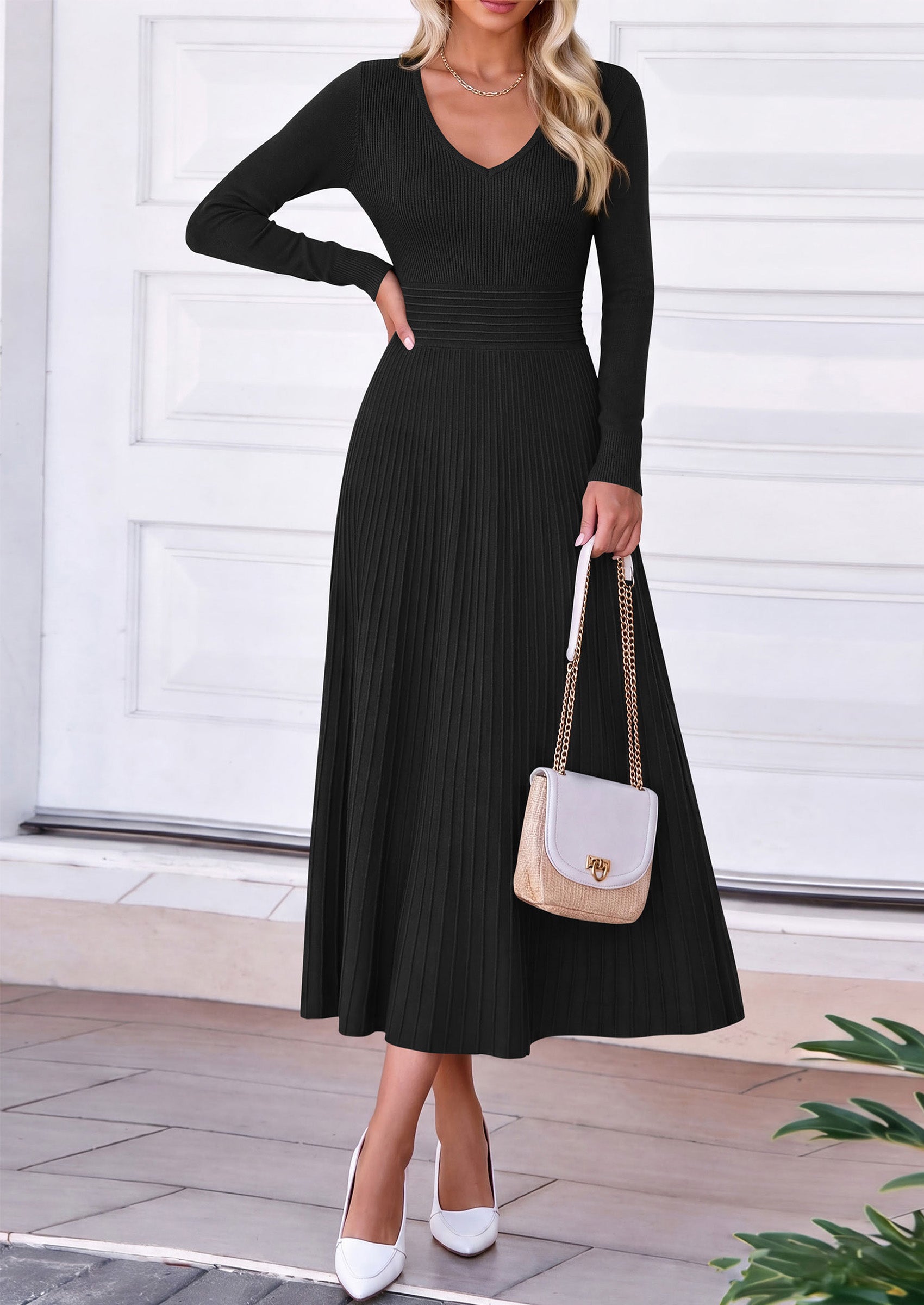 PRETTYGARDEN Women's Fall V Neck Pleated Midi Sweater Dress  Stretchy Ribbed Knit,Long Sleeve,A Line Flowy Skirt,Elegant Long Dresses for Wedding Guest,Work Office,Winter Party Outfits
