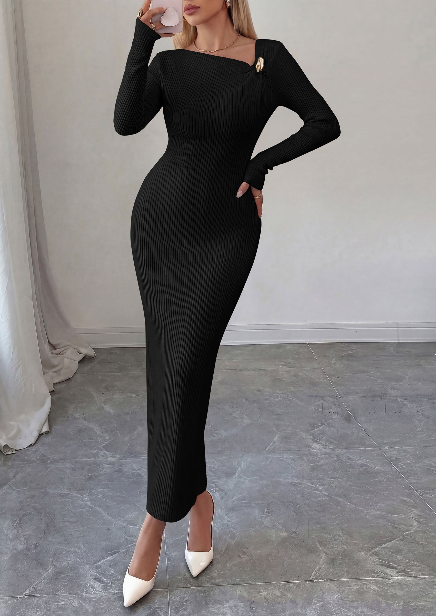 PRETTYGARDEN Womens Fall Long Sleeve Ribbed Sweater Dress | Breathable Knit Fabric, Elegant Bodycon Cut, Fashion Asymmetrical Neck, Night Out Party Dresses, 2026 Trendy Winter Clothes  Price, product page