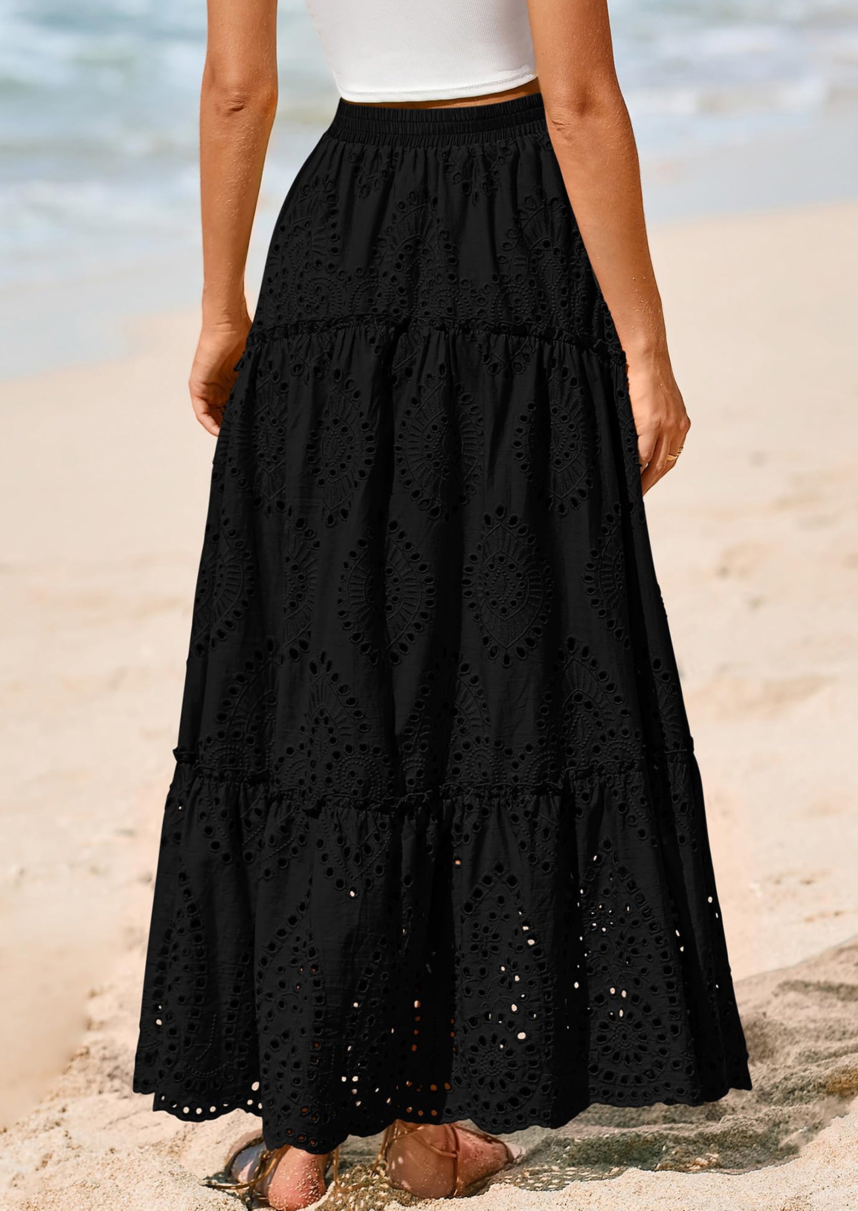 BTFBM Women's Boho Casual Skirts Summer Lace Embroidery Eyelet Elastic Waist Flowy Tiered A-Line Beach Maxi Skirt