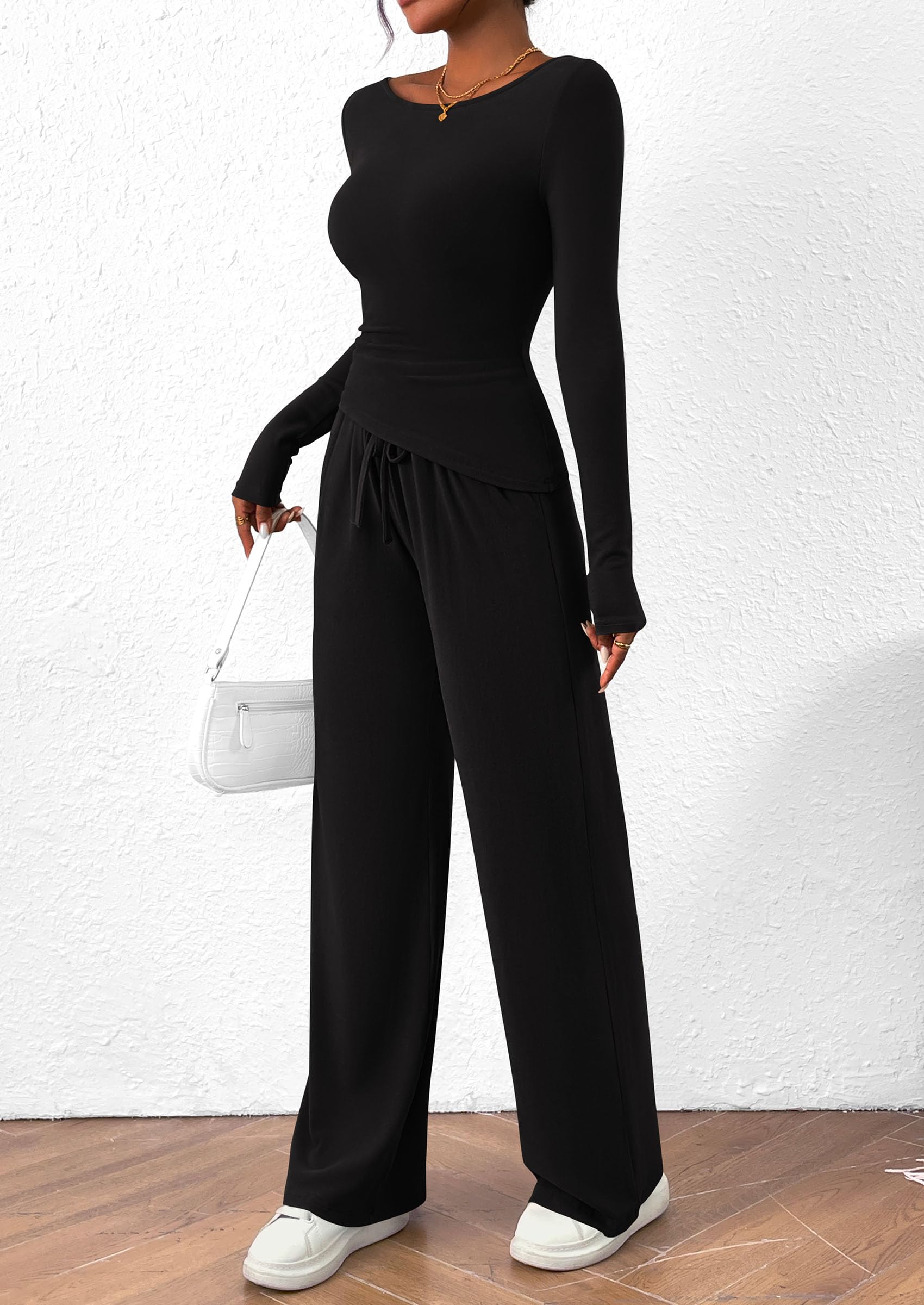 PRETTYGARDEN Women's 2 Piece Lounge Sets Asymmetrical Long Sleeve T Shirt Wide Leg Pants Casual Outfits Tracksuit