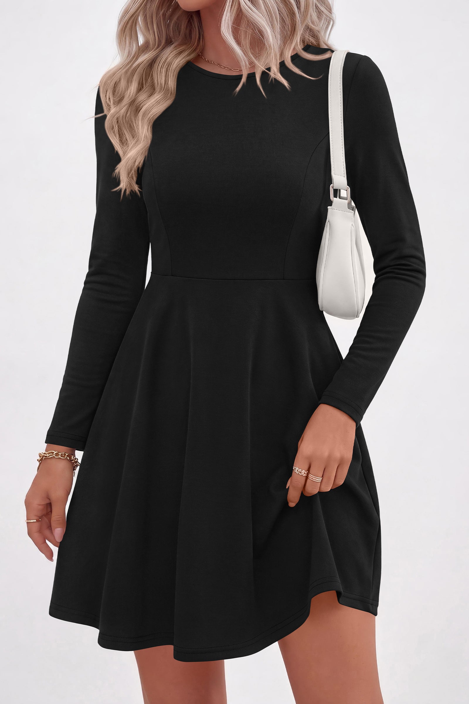 PRETTYGARDEN Women Basic Long Sleeve Crewneck Mini Dress