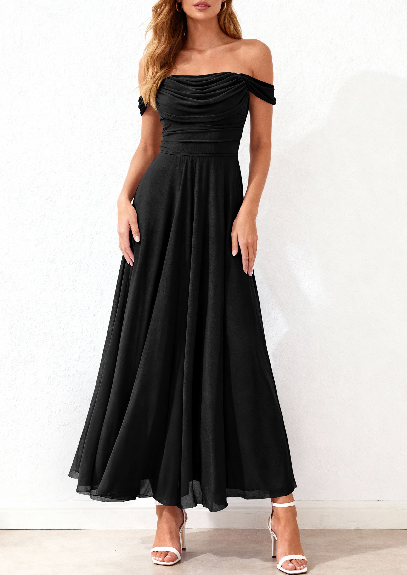 PRETTYGARDEN Womens Off Shoulder Maxi Summer Dresses 2026 Elegant Mesh Aline Swing Ruched Flowy Cocktail Wedding Guest Dress PRETTYGARDEN