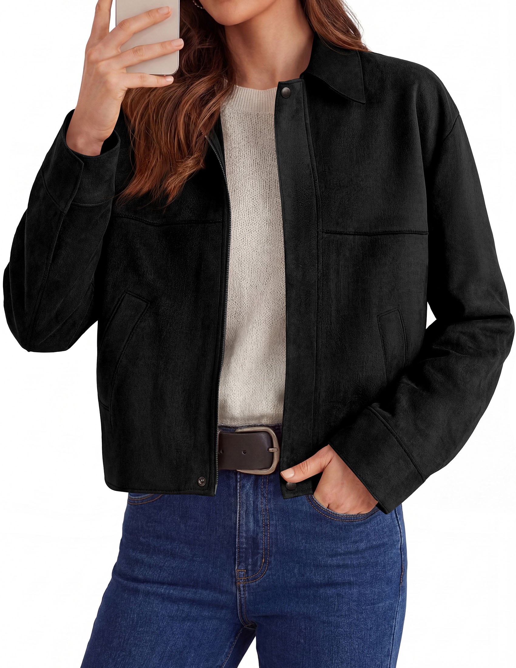 PRETTYGARDEN Women's Faux Suede Cropped Fall Jackets | Soft Zip Up Coats,Classic Lapel Collar,Button Down Shacket,Oversized Casual Outerwear,Trendy Winter Clothes with Pockets