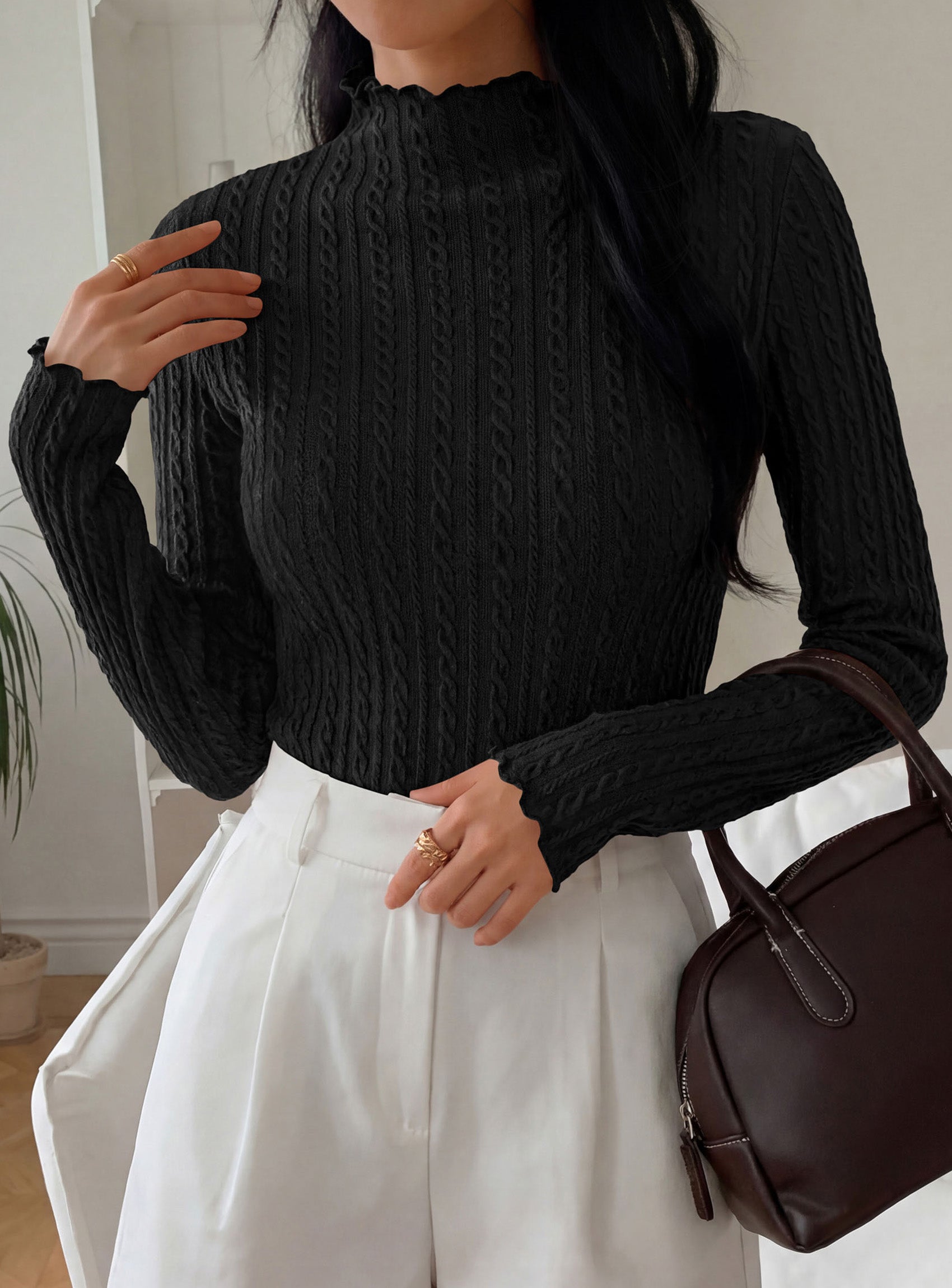 PRETTYGARDEN Women's Fall Long Sleeve Fitted Shirts | Comfy Stretchy Cable Knit, Trendy Lettuce Trim Mock Neck, Casual Basic Tees, Cute Layering Tops, 2026 Fashion Clothing