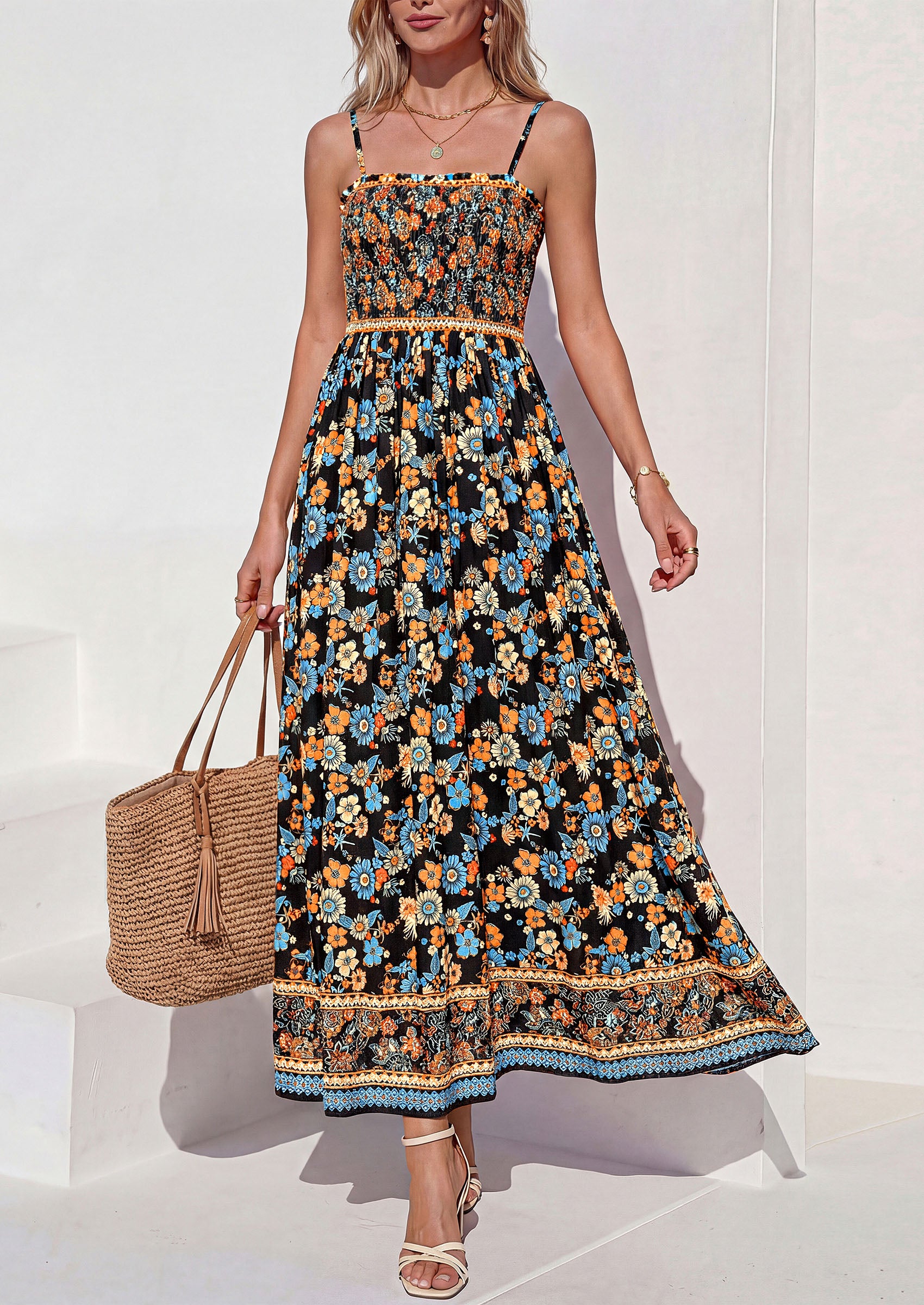 PRETTYGARDEN Womens Floral Maxi Dress Boho Casual 2026 Summer Spaghetti Strap Smocked Sleeveless Flowy Beach Vacation Dresses