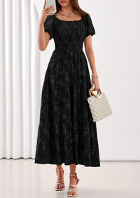 PRETTYGARDEN Women's 2026 Summer Boho Maxi Dresses Floral Short Sleeve Square Neck Smocked Flowy Long Dress Vacation Outfits PRETTYGARDEN