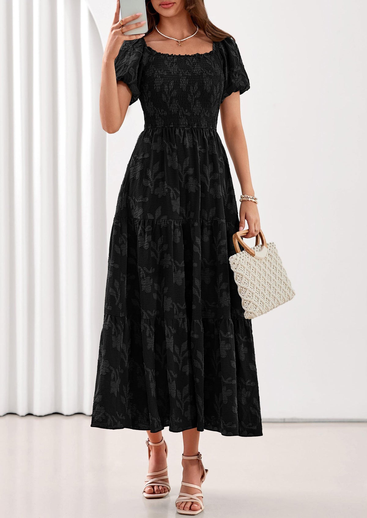 PRETTYGARDEN Women's 2026 Summer Boho Maxi Dresses Floral Short Sleeve Square Neck Smocked Flowy Long Dress Vacation Outfits PRETTYGARDEN