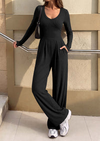 PRETTYGARDEN Womens Fall One Piece Long Sleeve Jumpsuit | Stretchy Ribbed Knit, Fashion Deep V Neck, Wide Leg Romper with Pockets, Work Business Casual Outfits, Trendy Winter Clothes
