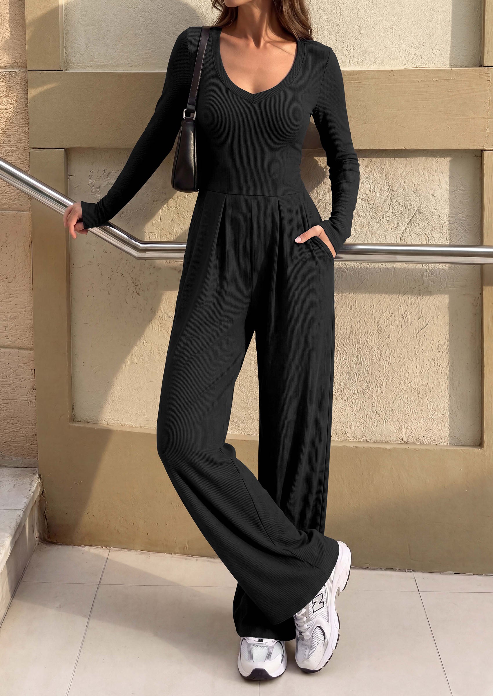 PRETTYGARDEN Womens Fall One Piece Long Sleeve Jumpsuit | Stretchy Ribbed Knit, Fashion Deep V Neck, Wide Leg Romper with Pockets, Work Business Casual Outfits, Trendy Winter Clothes