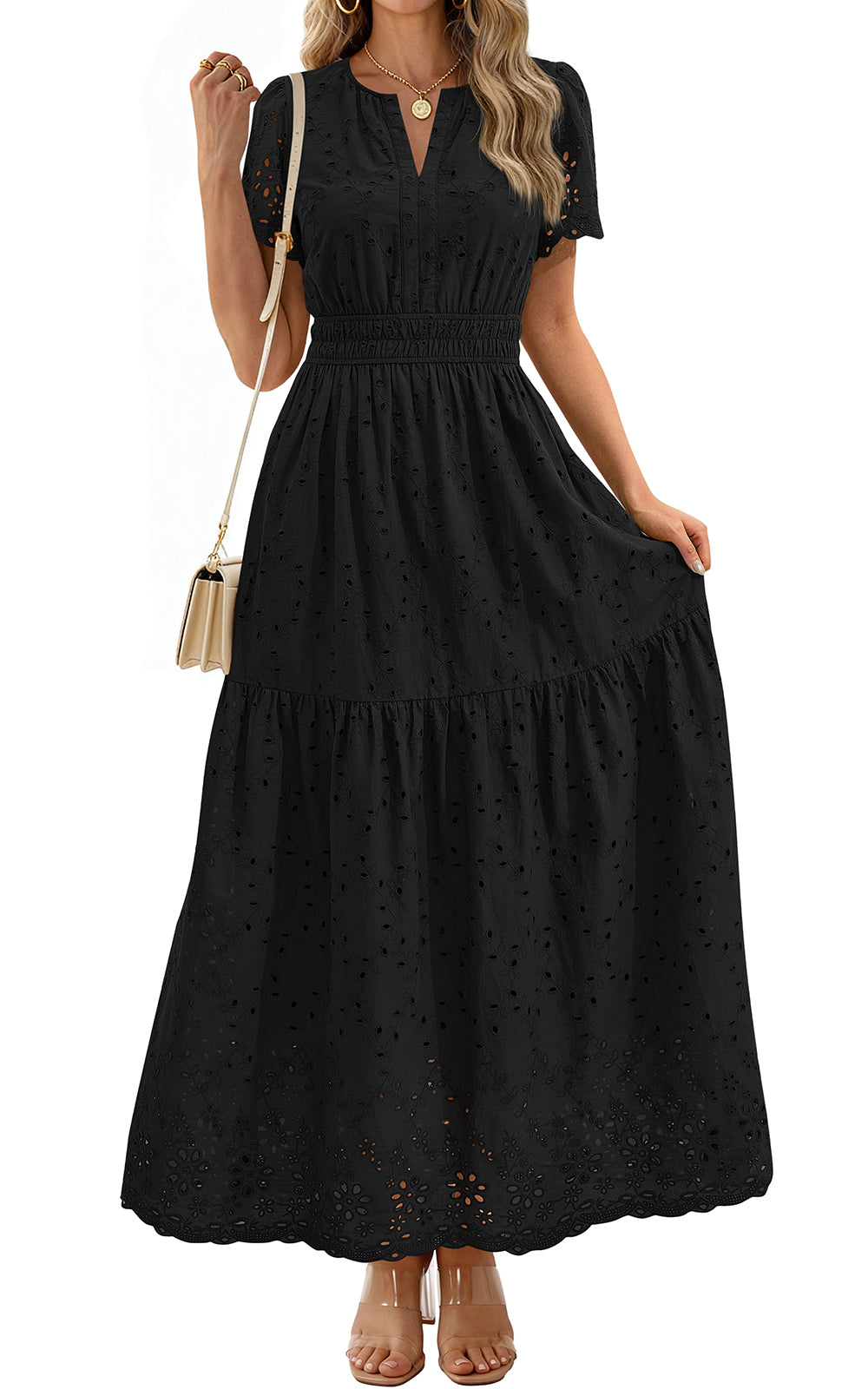 PRETTYGARDEN Short Sleeve Spring Dresses for Women 2026 Elegant Classy Boho High Waist A Line Pleated Wedding Guest Dress PRETTYGARDEN