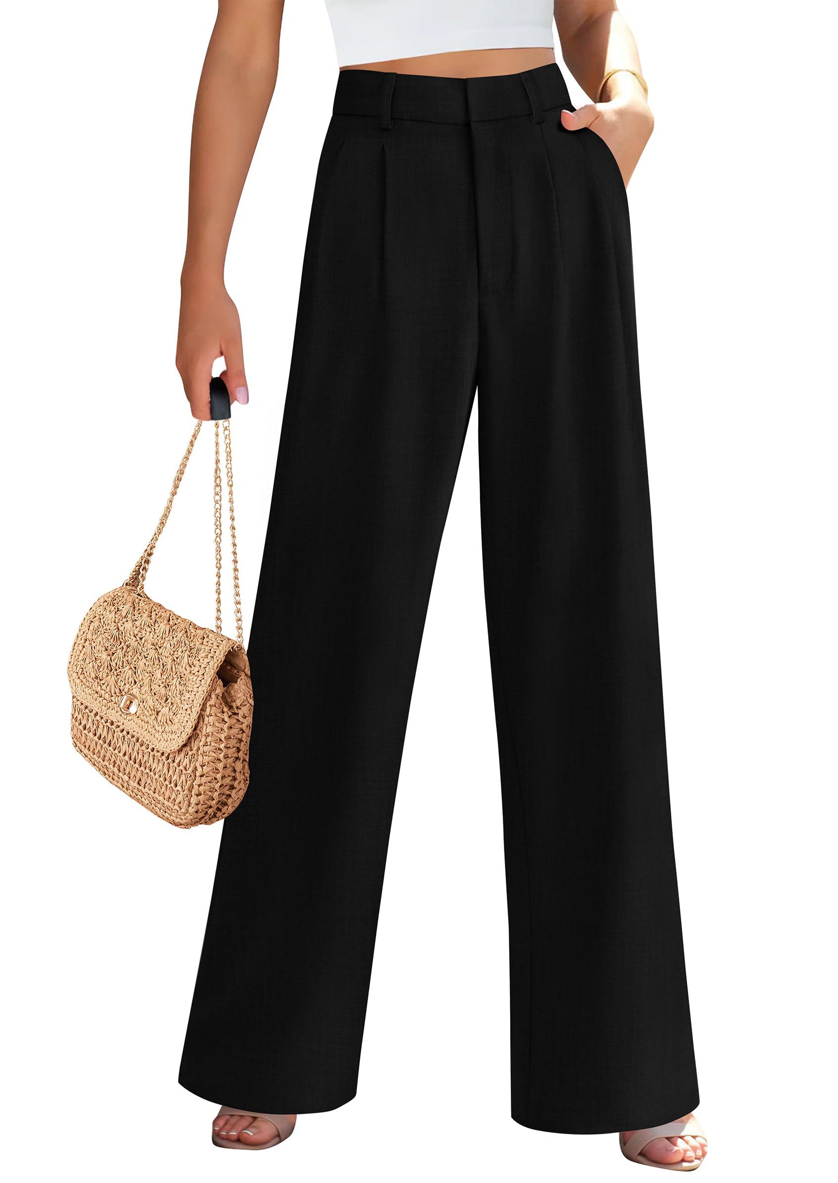 PRETTYGARDEN Women's Summer Elastic High Waisted Work Pants Straight Leg Dressy Business Casual Trousers Slacks Pockets