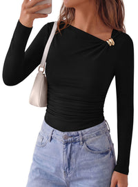 PRETTYGARDEN Long Sleeve Shirts for Women 2026 Ruched Knit Asymmetrical Tight Fitted Going Out Tops Y2k Fall Clothes