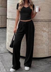 PRETTYGARDEN 2 Piece Sets for Women Summer 2026 Spring Lounge Set Matching V Neck Tops Wide Leg Pants Airport Travel Outfits PRETTYGARDEN