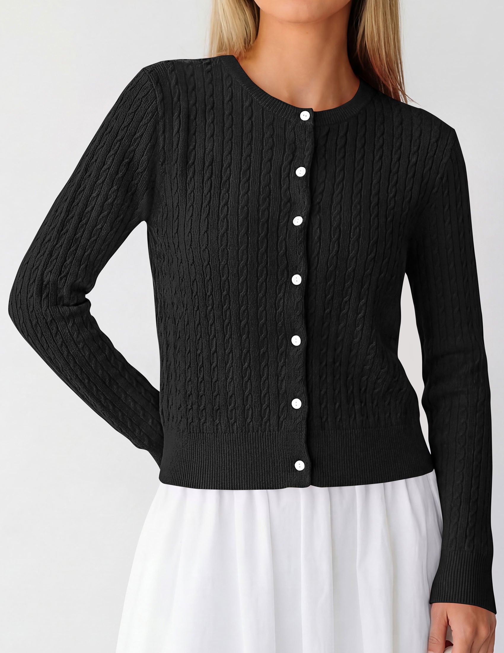 PRETTYGARDEN Women Lightweight Button Up Cardigan Sweaters | Soft Stretchy, Cozy Cable Knit, Long Sleeve Crew Neck, Trendy Cardigans, Cute Casual Outfits, Early Fall Fashion Clothing