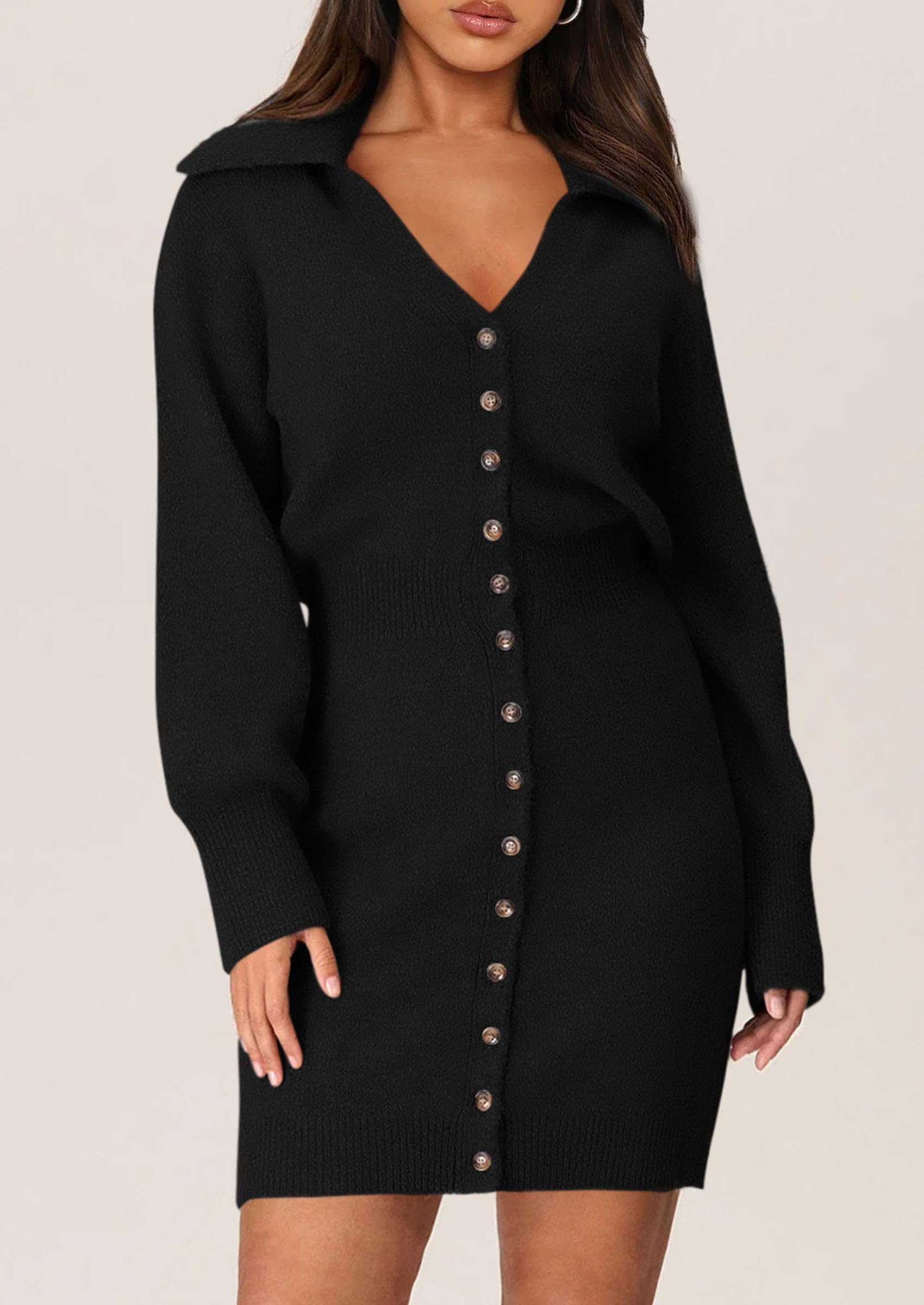 PRETTYGARDEN Sweater Dresses for Women Trendy Long Sleeve Button Down Short Spring Dress