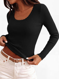 PRETTYGARDEN Women's Fall Lightweight Ribbed Knit Sweaters | Stretchy Cozy Knitwear,Scalloped Scoop Neck,Long Sleeve Shirts,Slim Fitted Pullover,Basic Layering Tops,Cute Casual Outfits