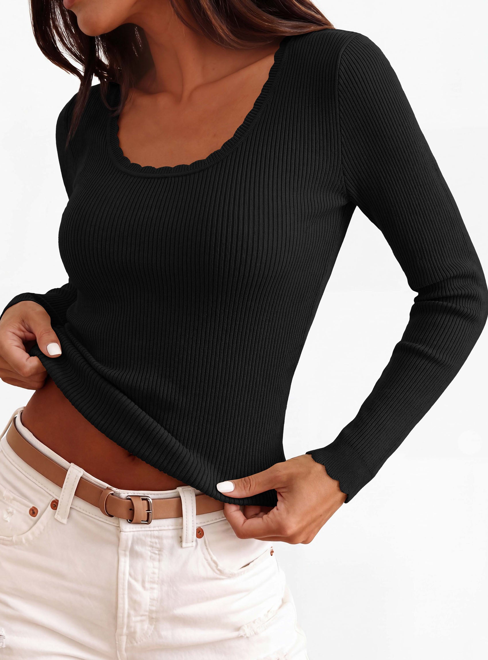 PRETTYGARDEN Women's Fall Lightweight Ribbed Knit Sweaters | Stretchy Cozy Knitwear,Scalloped Scoop Neck,Long Sleeve Shirts,Slim Fitted Pullover,Basic Layering Tops,Cute Casual Outfits
