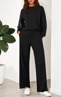 PRETTYGARDEN Womens 2 Pieces Lounge Sets Crewneck Long Sleeve Wide Leg Drawstring Pants Tracksuits Loose Fit Outfits Set