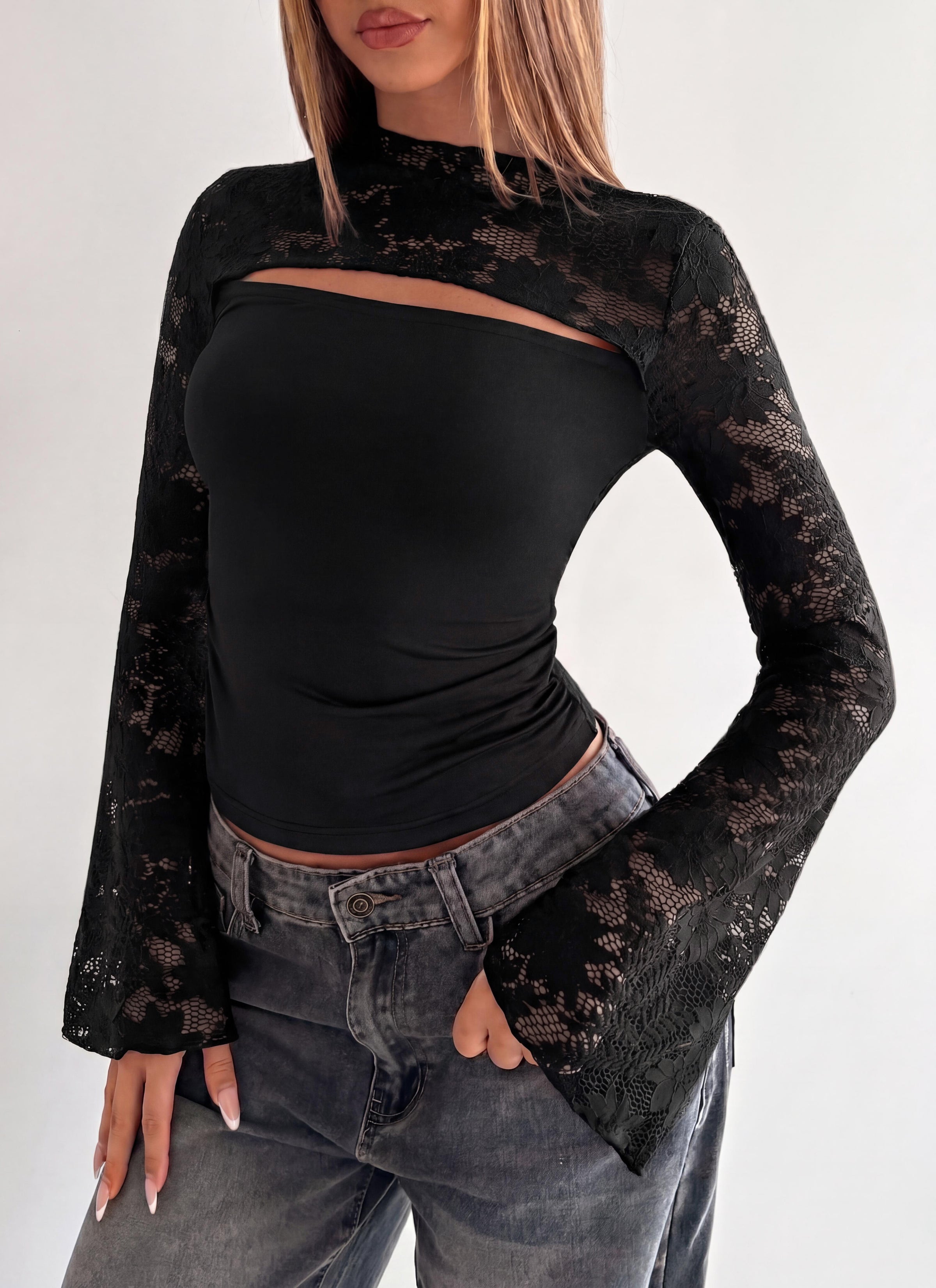 PRETTYGARDEN Womens Tops Fall Sexy Bell Long Sleeve Shirts Cut Out Fitted Y2k Lace Tshirt Ruched Going Out Crop Top 2026