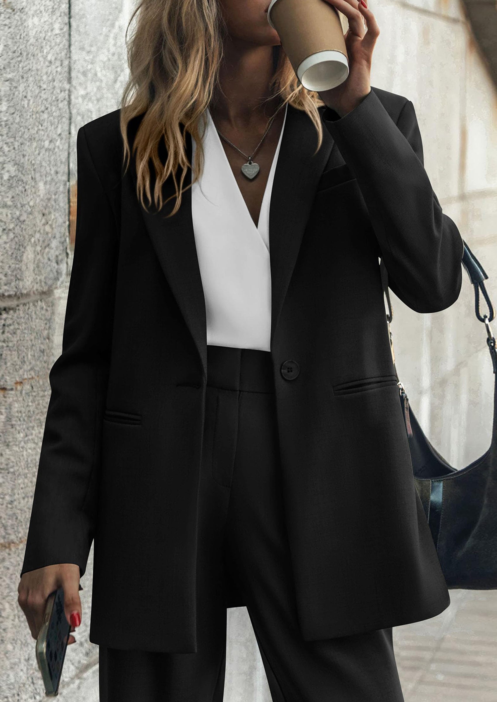 PRETTYGARDEN Women's Fall Two Piece Outfits Dressy Blazer Jacket and Wide Leg Pants Pockets Business Casual Office Suit Sets