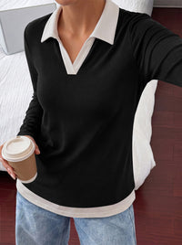 PRETTYGARDEN Womens Casual Polo T-Shirt Color Block Layered Tops | Contrast Collared V Neck Tops, Soft Double Layer T Shirts for Women, Casual Tops for Women, Trendy Fall Outfits 2026