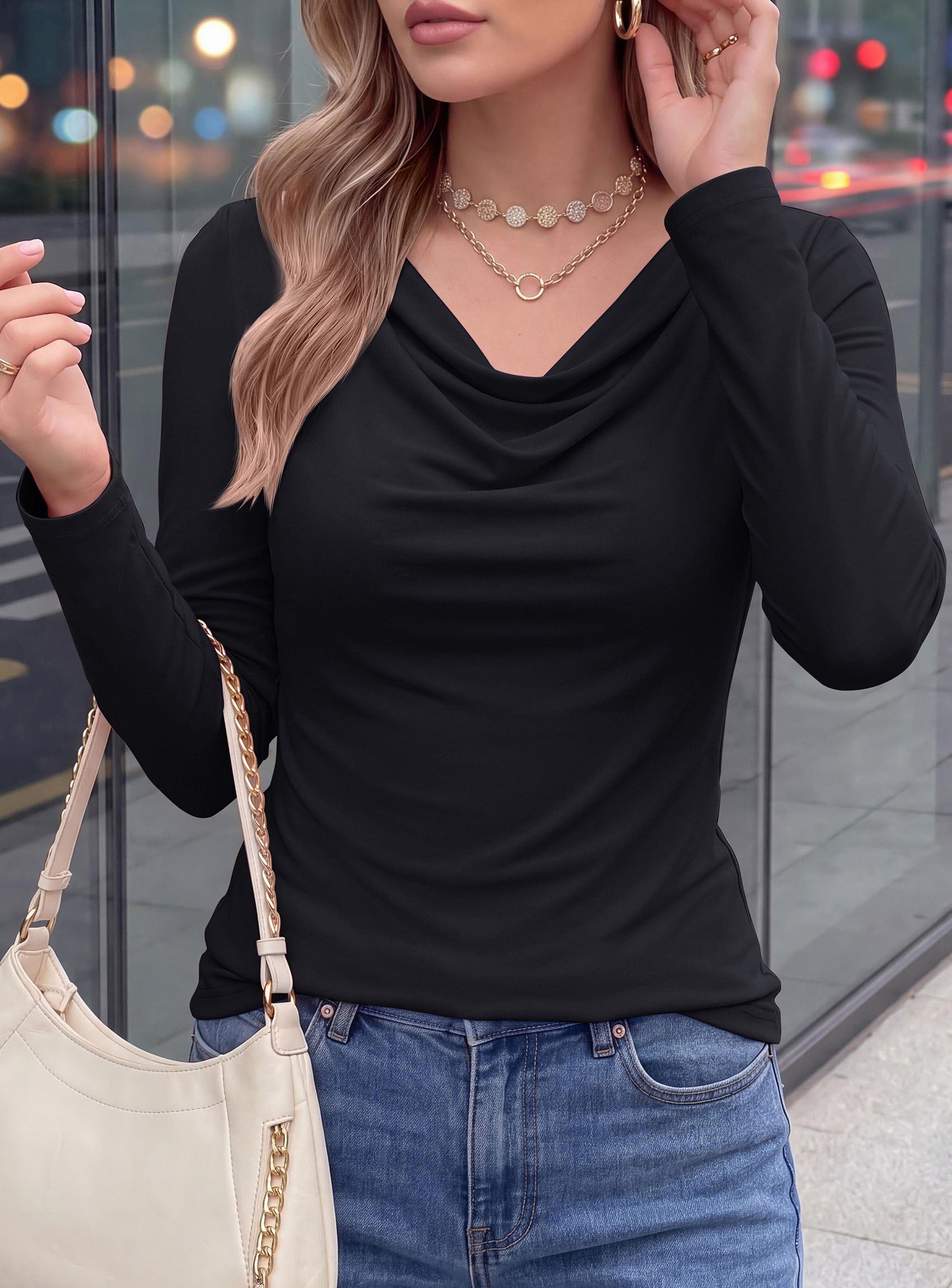 PRETTYGARDEN Cowl Neck Tops for Women Fashion Long Sleeve Shirt  Comfy Ruched Shirts, Soft Lightweight Knit, Chic Cowl Neck Top, Casual Going Out Outfits, Fall Winter Trendy Clothes
