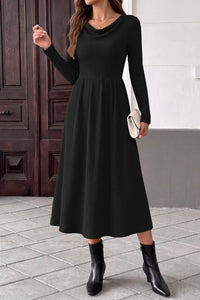 PRETTYGARDEN Women Casual Cowl Neck Long Sleeve Midi Dress