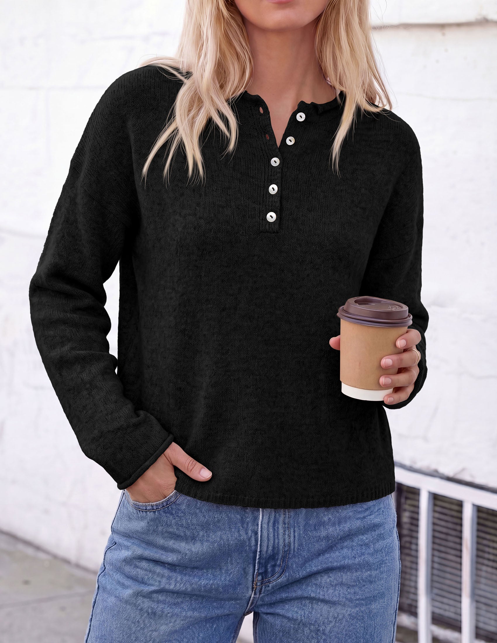 PRETTYGARDEN Women's Fall Button Up Cozy Pullover Sweaters | Stretchy Soft Knit, Drop Shoulder Long Sleeve Tops, Henley Crewneck Rolled Edge, Dressy Casual Blouses, Trendy Winter Clothes