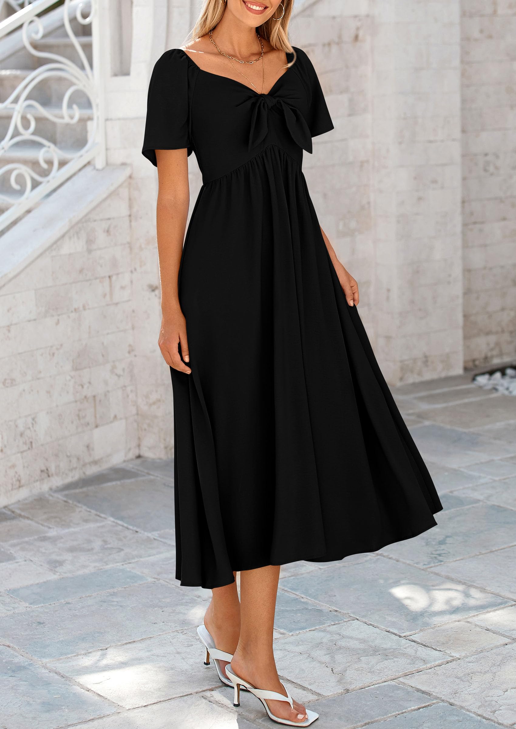 PRETTYGARDEN Summer Dress for Women Casual Short Sleeve Bow Tie V Neck Ruffle Midi Flowy Dresses