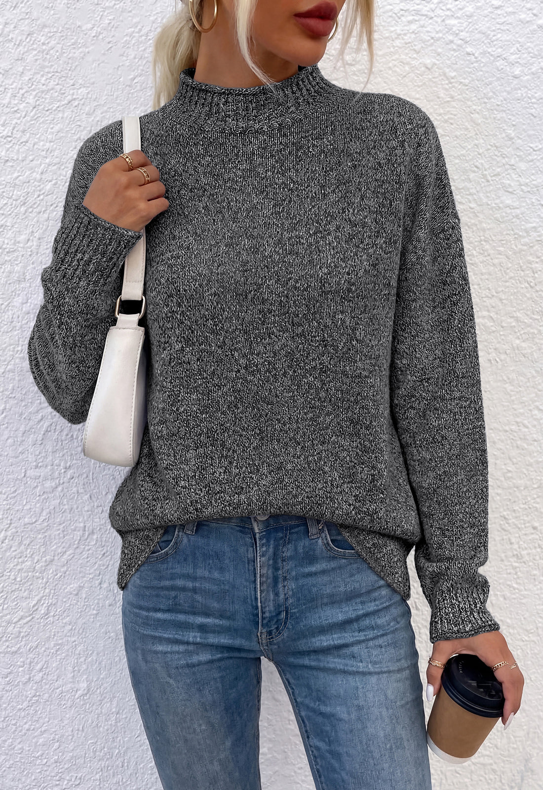 PRETTYGARDEN Womens Sweaters 2026 Mock Neck Ribbed Knit Fall Outfits | Long Sleeve Pullover Tops, Rolled Edge, Loose Fit, Soft Cotton Fabric, Comfy Cozy Sweater, Versatile Casual Cute Clothes
