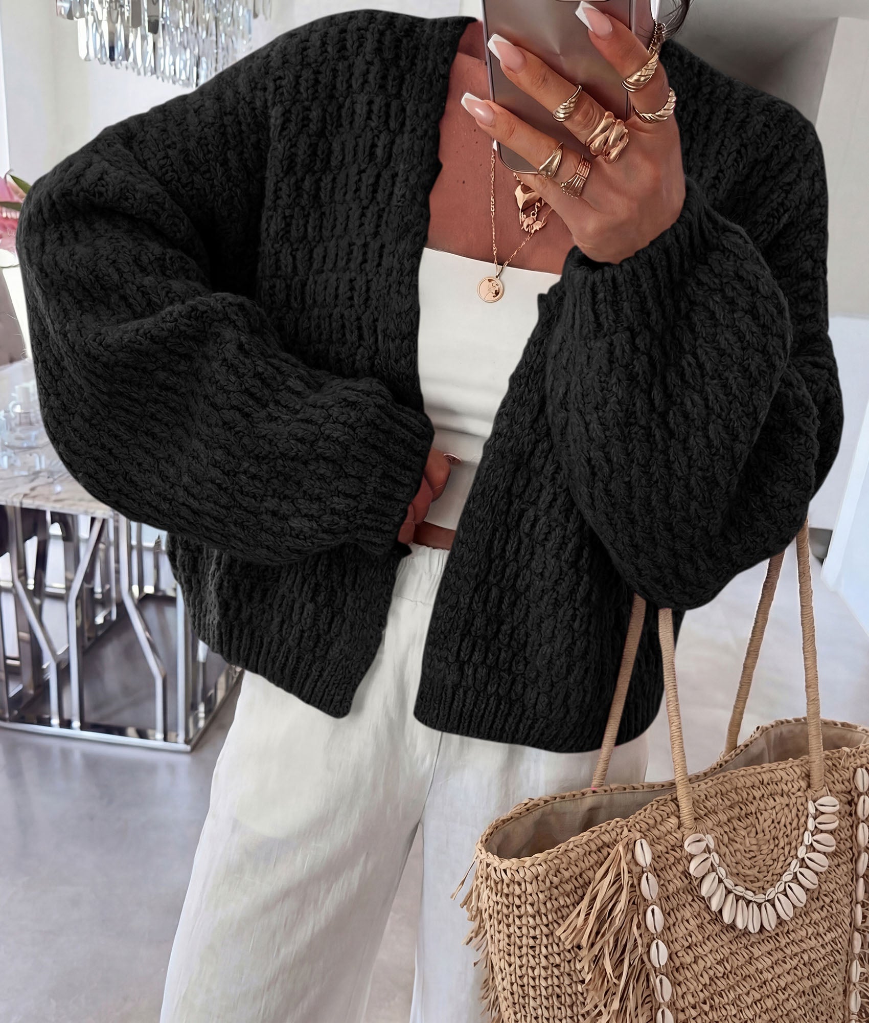 PRETTYGARDEN Women's Fall Cardigan Open Front Chunky Sweaters | Cozy Stretchy Knitwear, Long Sleeve Drop Shoulder, Loose Fit Crochet Jacket, Trendy Holiday Outfits, Warm Winter Clothing
