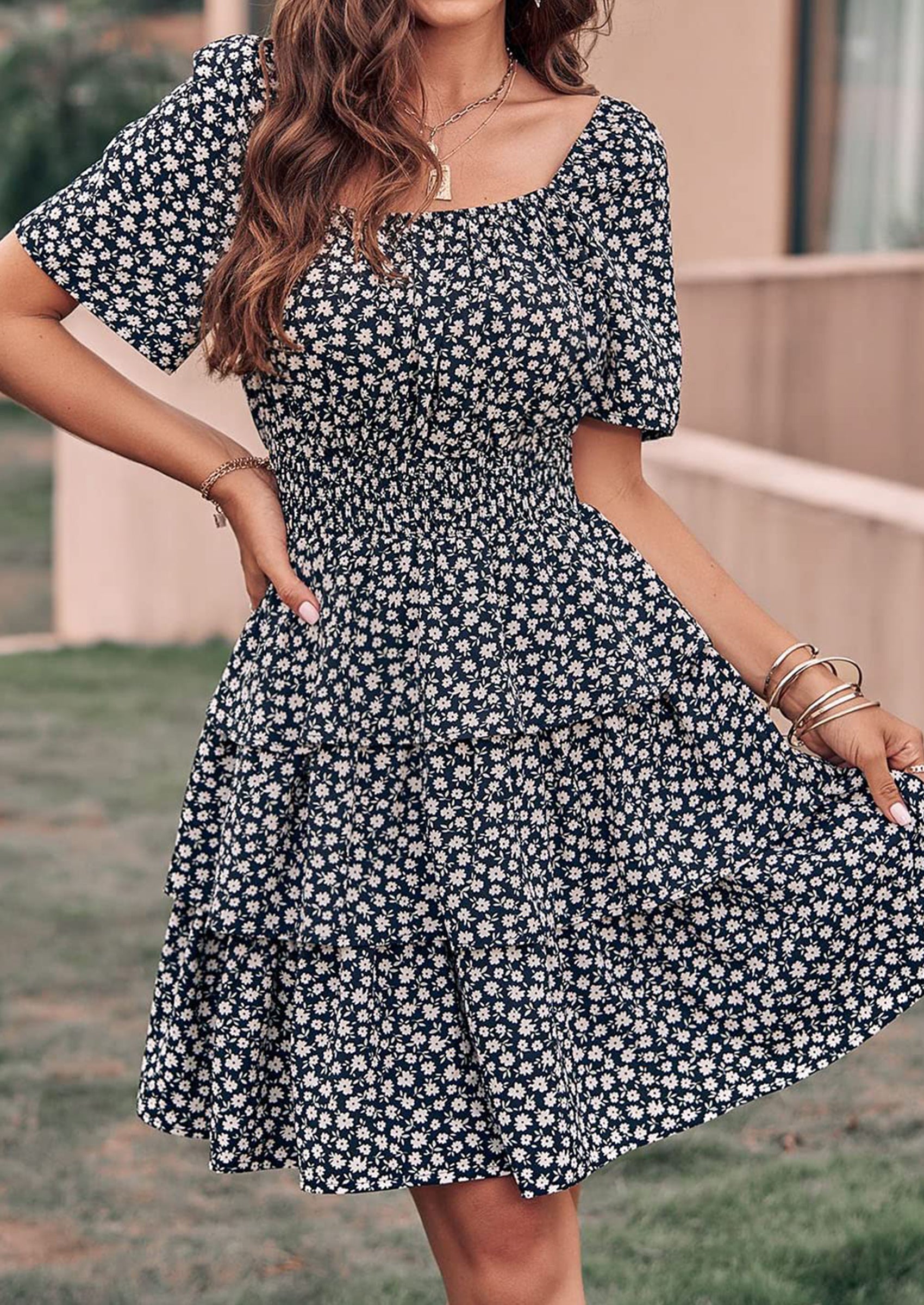 PRETTYGARDEN Women Floral Square Neck Short Sleeve Tiered Ruffle Boho Mini Dresses