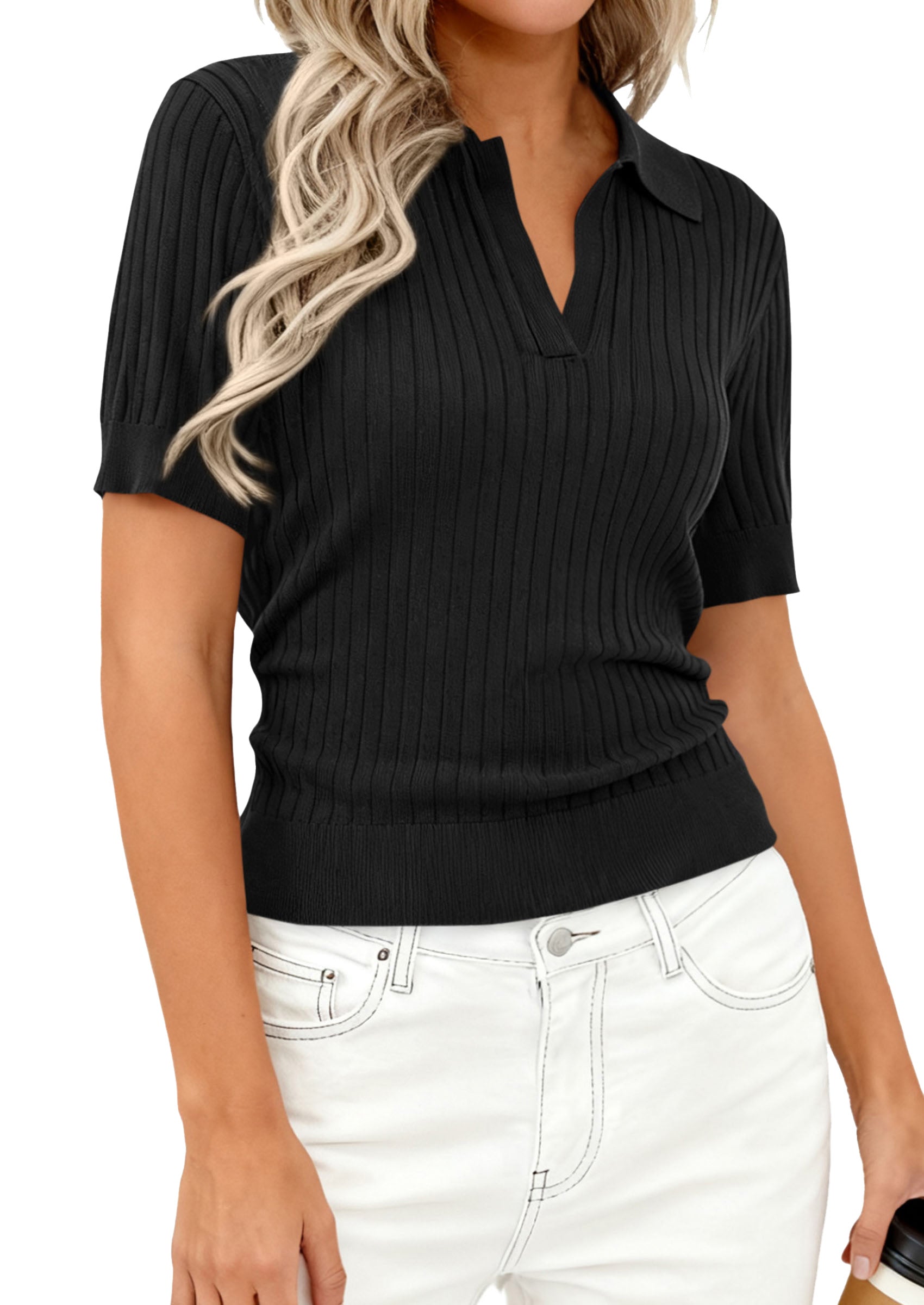 PRETTYGARDEN Women's Short Sleeve Sweater 2026 Spring Polo Shirts Ribbed Knit V Neck Business Casual Tops Summer Work Clothes PRETTYGARDEN