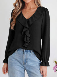PRETTYGARDEN Women Early Fall Fashion Dressy Casual Blouses  | Comfy Lightweight,Lantern Long Sleeve Shirts,Cute Ruffle V Neck,Going Out Tops,Business Work Outfits,Trendy Daily Clothes