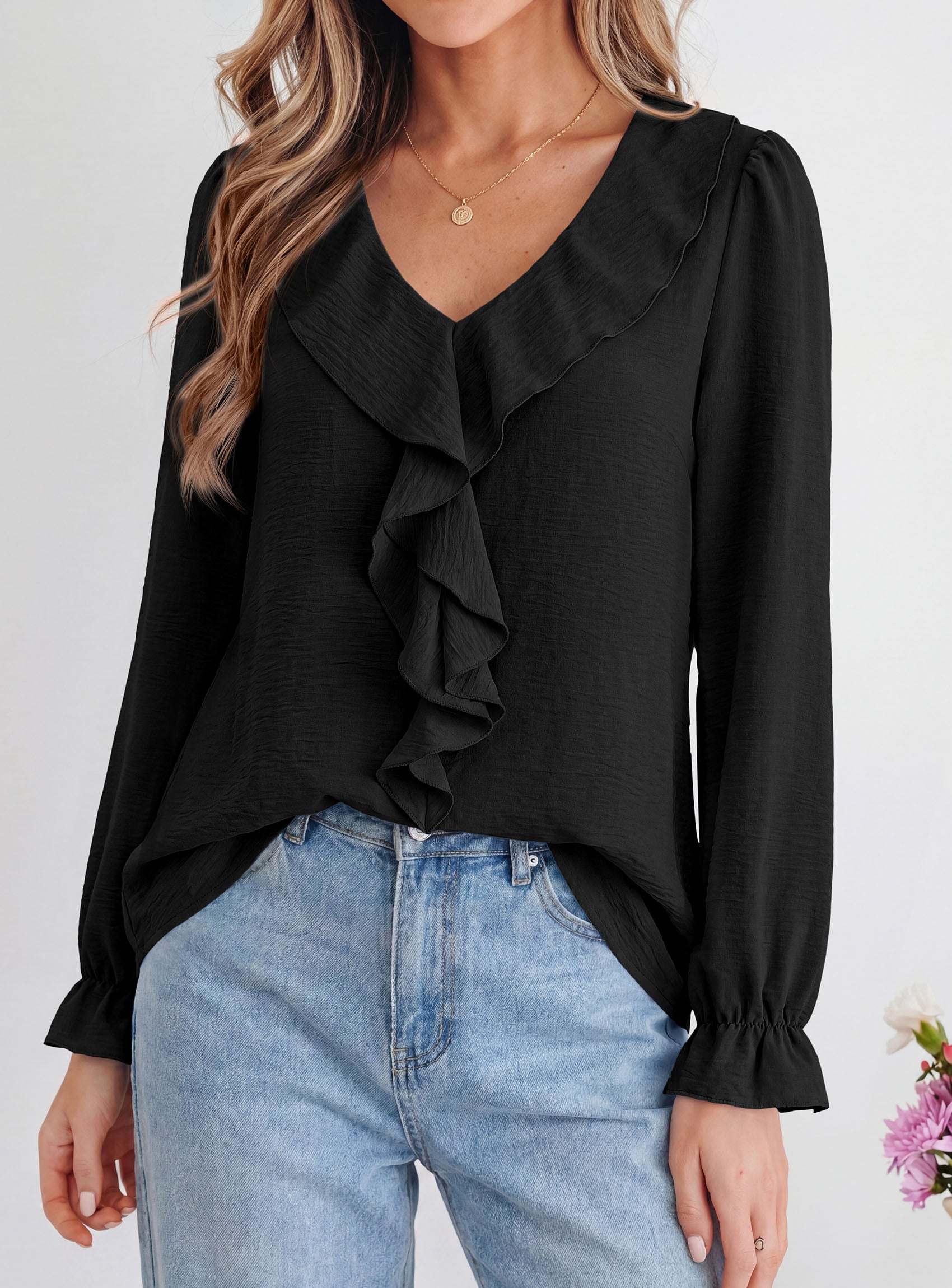 PRETTYGARDEN Women Early Fall Fashion Dressy Casual Blouses  | Comfy Lightweight,Lantern Long Sleeve Shirts,Cute Ruffle V Neck,Going Out Tops,Business Work Outfits,Trendy Daily Clothes