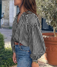 PRETTYGARDEN Women Fall Plaid Long Puff Sleeve Shirts V Neck Casual Blouses  Gingham Button Down Oversized, Pleated Drop Shoulder Cotton Tops, Dressy Casual, Work Vacation Travel, Fall Outfits Trendy
