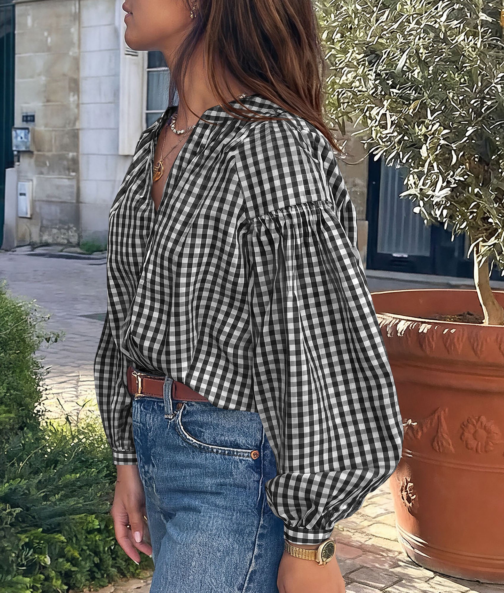 PRETTYGARDEN Women Fall Plaid Long Puff Sleeve Shirts V Neck Casual Blouses  Gingham Button Down Oversized, Pleated Drop Shoulder Cotton Tops, Dressy Casual, Work Vacation Travel, Fall Outfits Trendy