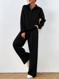 PRETTYGARDEN Women Fall 2 Piece Outfits Sweatsuits Quarter Button Long Sleeve Sweatshirt Wide Leg Pants Tracksuit Lounge Sets