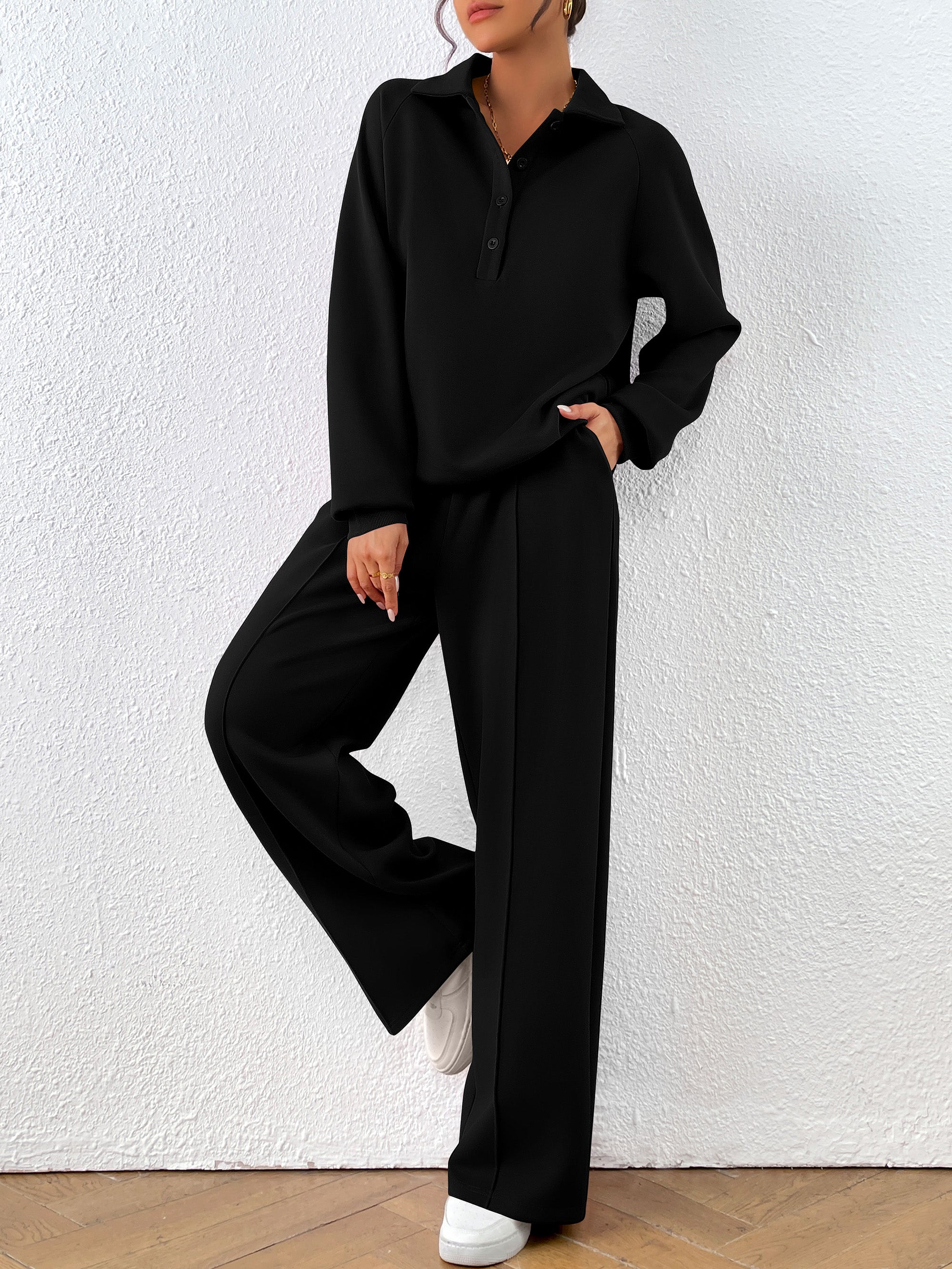 PRETTYGARDEN Women Fall 2 Piece Outfits Sweatsuits Quarter Button Long Sleeve Sweatshirt Wide Leg Pants Tracksuit Lounge Sets