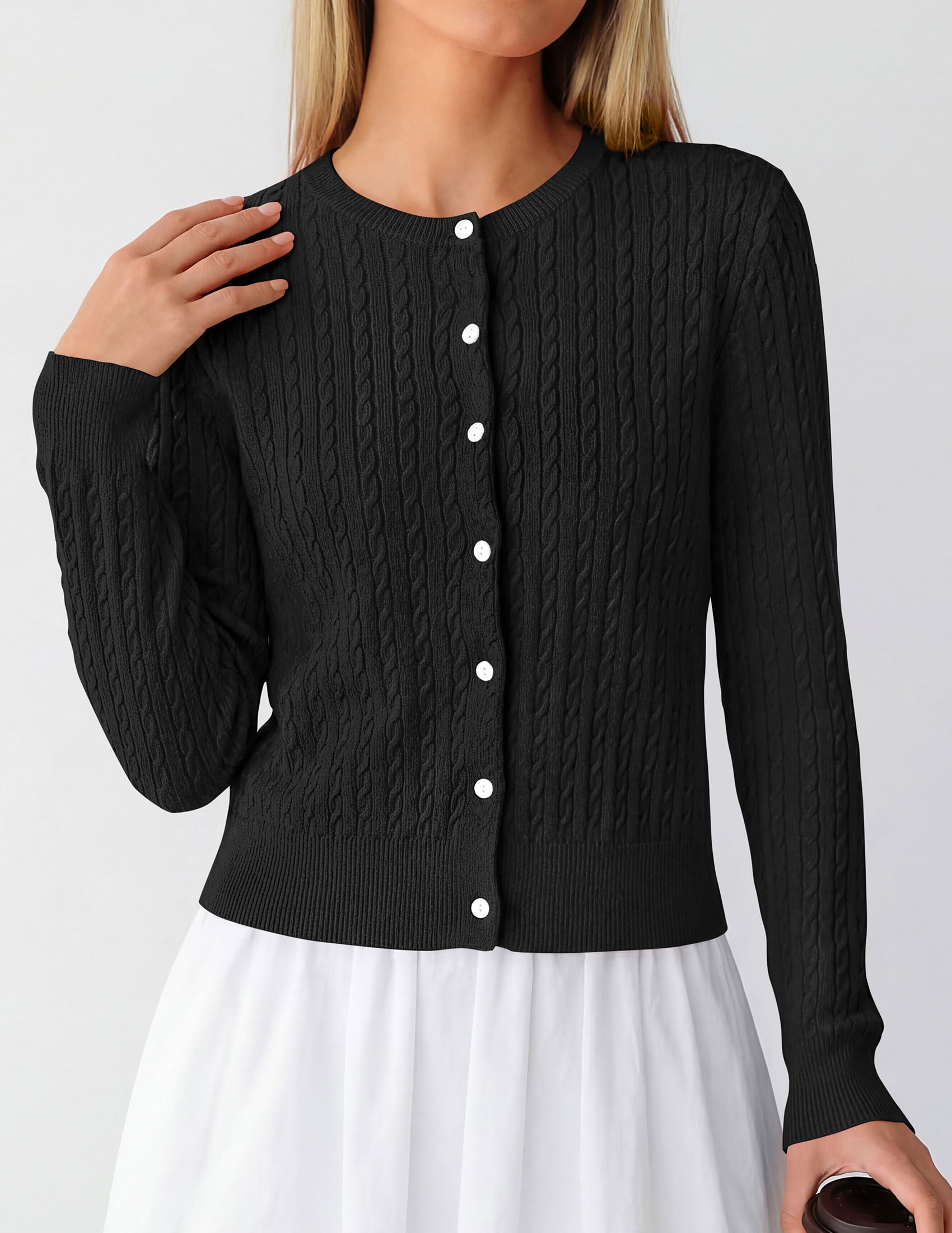 PRETTYGARDEN Women Lightweight Button Up Cardigan Sweaters | Soft Stretchy, Cozy Cable Knit, Long Sleeve Crew Neck, Trendy Cardigans, Cute Casual Outfits, Early Fall Fashion Clothing