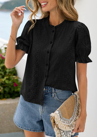 PRETTYGARDEN Womens Puff Short Sleeve Tops 2026 Summer Spring Button Down Boho Embroidered Cute Blouse Dressy Casual Shirts PRETTYGARDEN