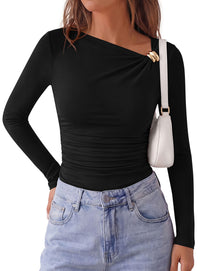 PRETTYGARDEN Long Sleeve Shirts for Women 2026 Ruched Knit Asymmetrical Tight Fitted Going Out Tops Y2k Fall Clothes
